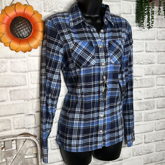 L.L. Bean Blue Plaid Flannel Button Down Shirt Top Loose Fit Size XS Vintage - Picture 4 of 6